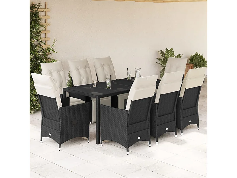 9 pcs conjunto de jantar p/ jardim c/ almofadões vime PE preto