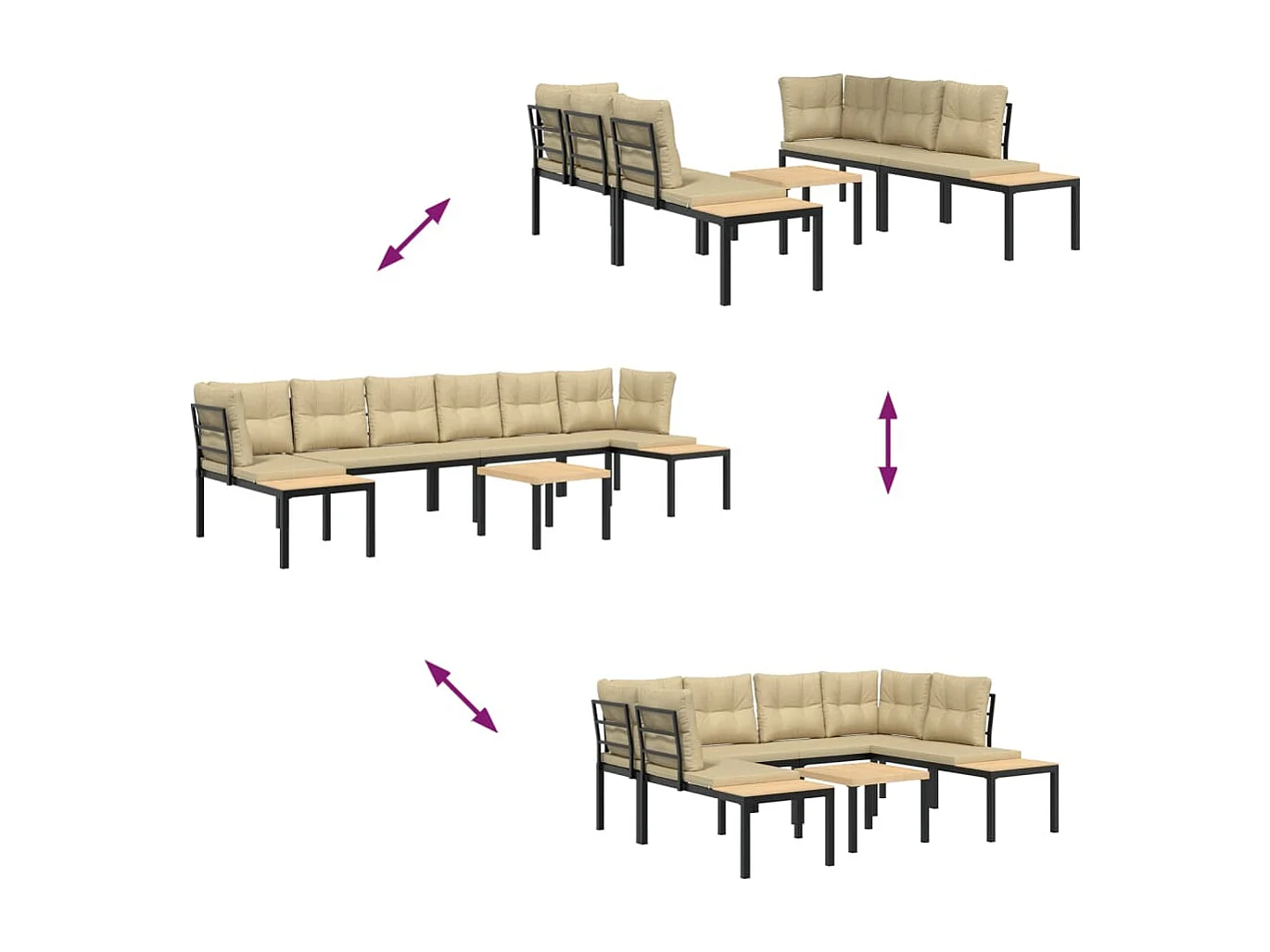 Salon de jardin avec coussins 5 pcs noir acier enduit de poudre