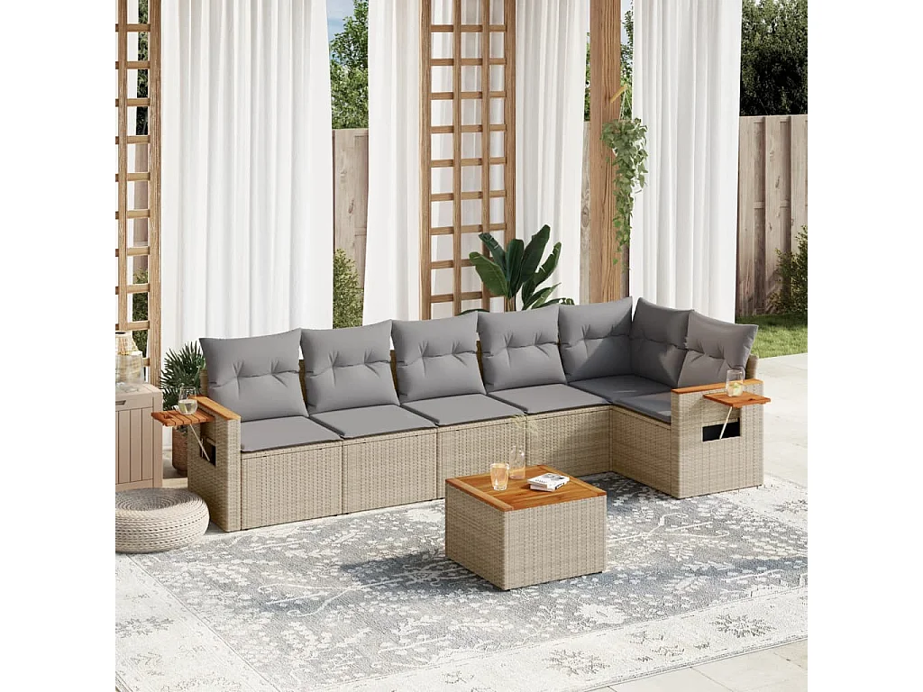 Salon de jardin avec coussins 7 pcs beige résine tressée