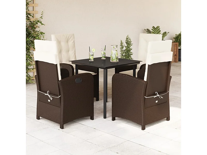 5 pcs conjunto jantar p/ jardim c/ almofadões vime PE castanho