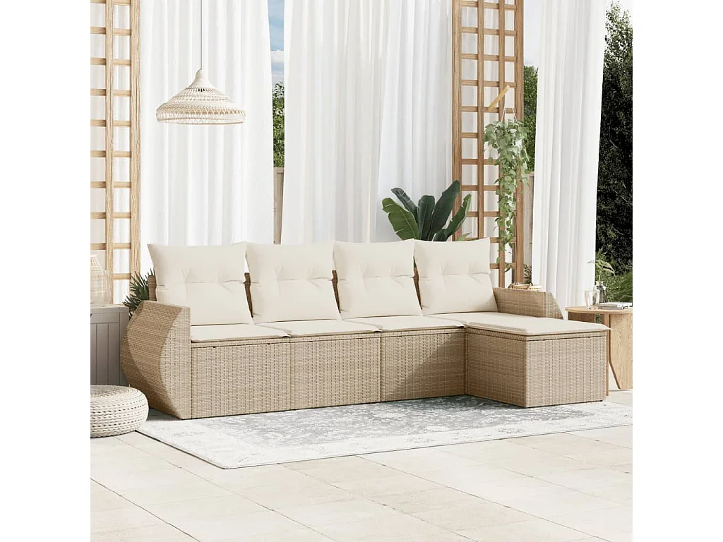 Set Divano da Giardino 5 pz con Cuscini Beige in Polyrattan