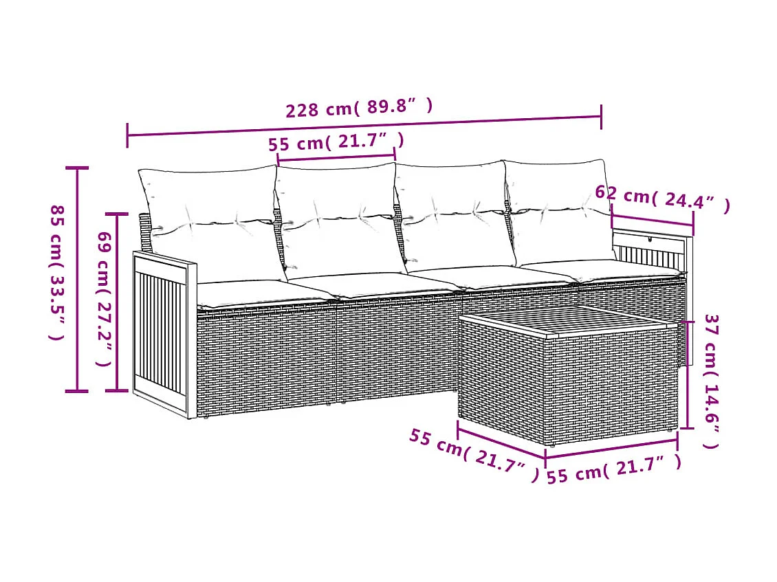 5-delige Loungeset met kussens poly rattan zwart