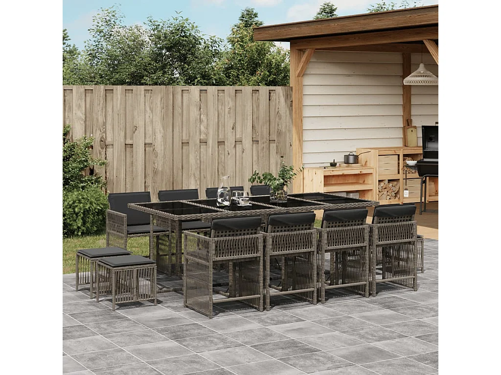 Ensemble à manger de jardin coussins 13 pcs gris résine tressée