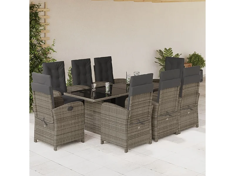 Ensemble à manger de jardin 9 pcs coussins gris résine tressée