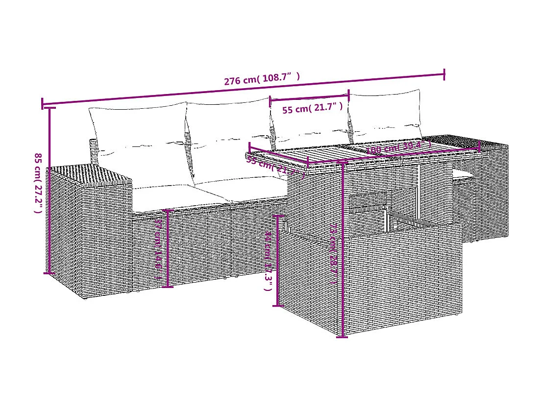 5 pcs conjunto sofás de jardim c/ almofadões vime PE cinzento