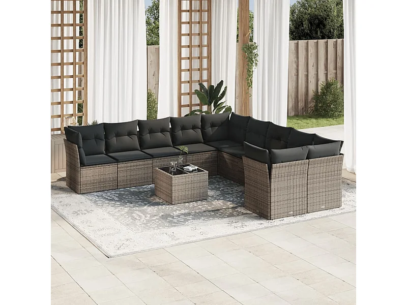 Salon de jardin 11 pcs avec coussins gris résine tressée