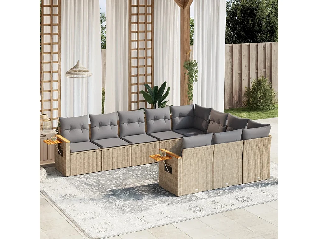 10-delige Loungeset met kussens poly rattan beige
