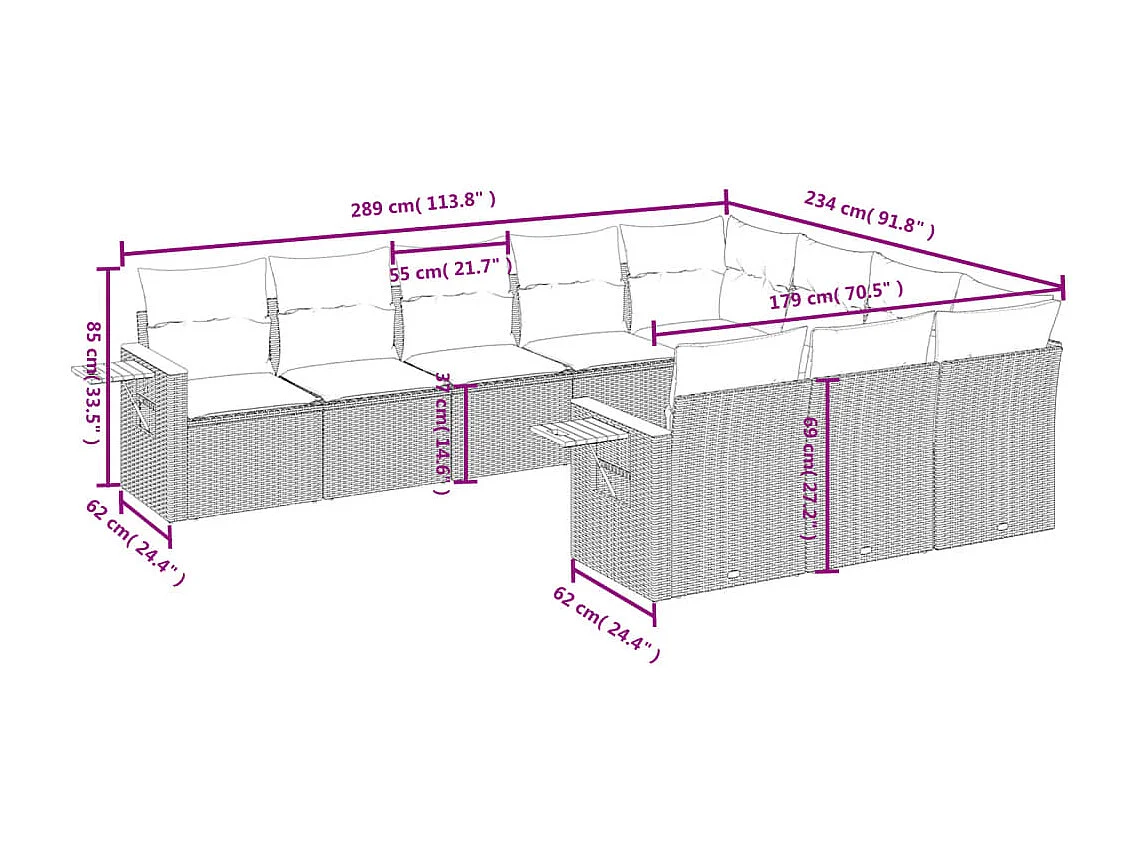 10-delige Loungeset met kussens poly rattan beige