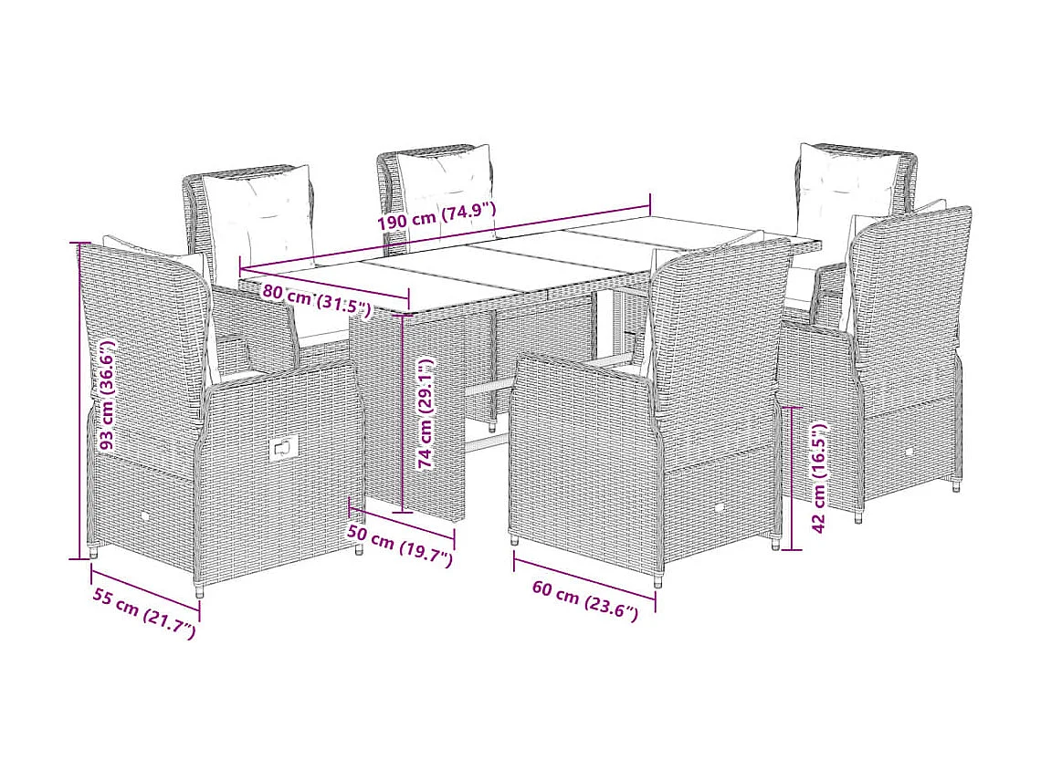 Set de comedor de jardín 7 pzas y cojines ratán sintético negro