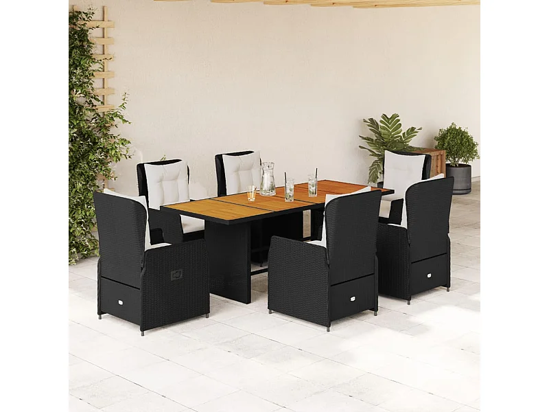 Set da Pranzo da Giardino 7 pz Nero con Cuscini in Polyrattan