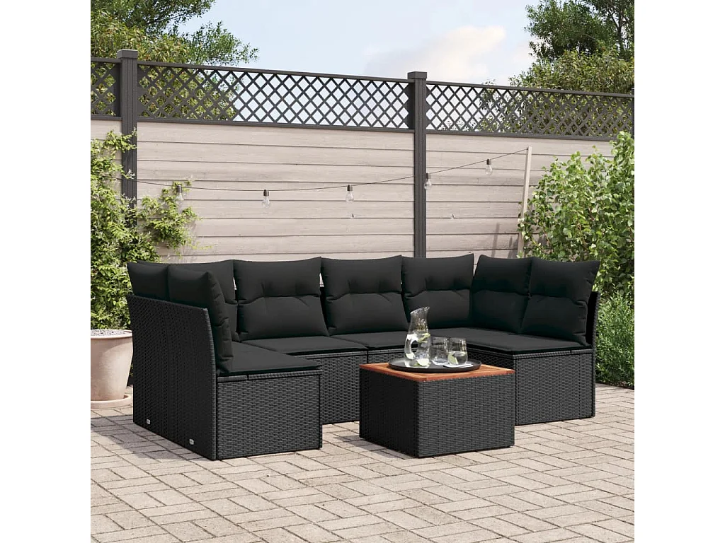 7-tlg. Garten-Sofagarnitur mit Kissen Schwarz Poly Rattan
