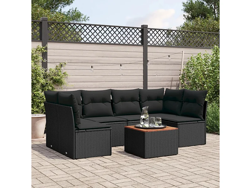 7-tlg. Garten-Sofagarnitur mit Kissen Schwarz Poly Rattan