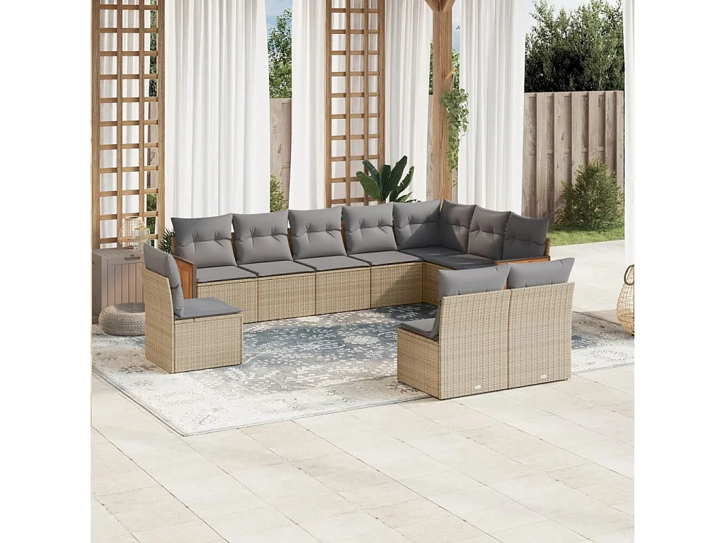10-delige Loungeset met kussens poly rattan beige