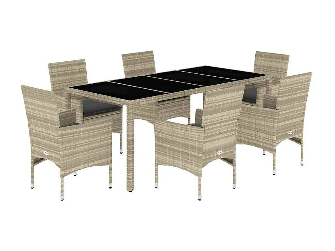 Ensemble à manger de jardin avec coussins 7 pcs rotin et verre