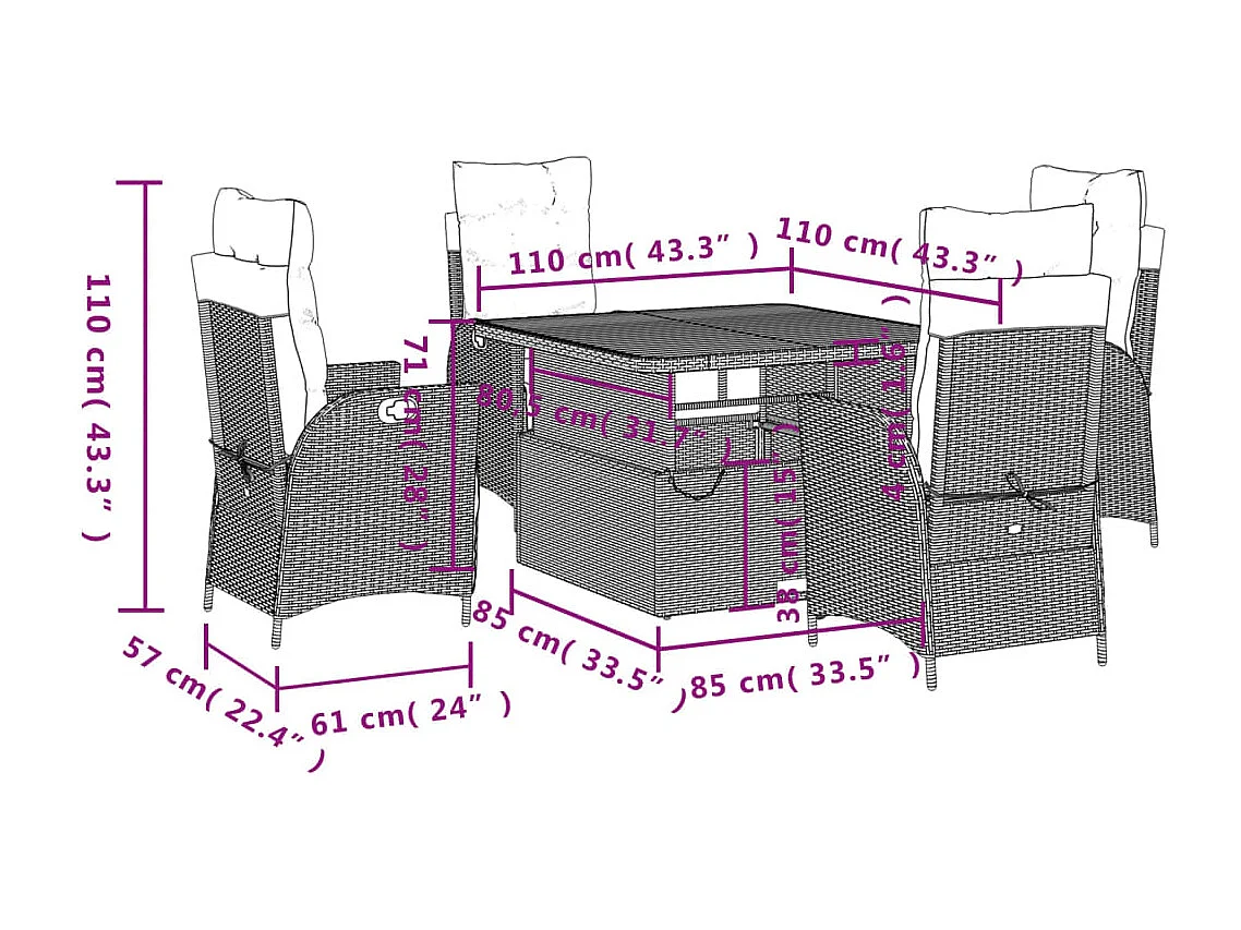 Set de muebles jardín 5 pzas con cojines ratán sintético negro