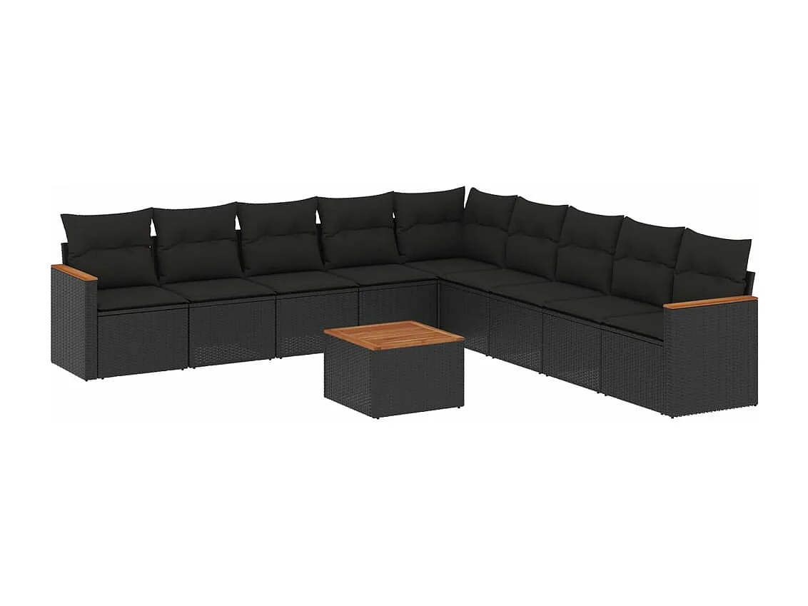 10-delige Loungeset met kussens poly rattan zwart