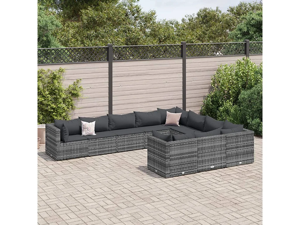 Salon de jardin avec coussins 10 pcs gris résine tressée