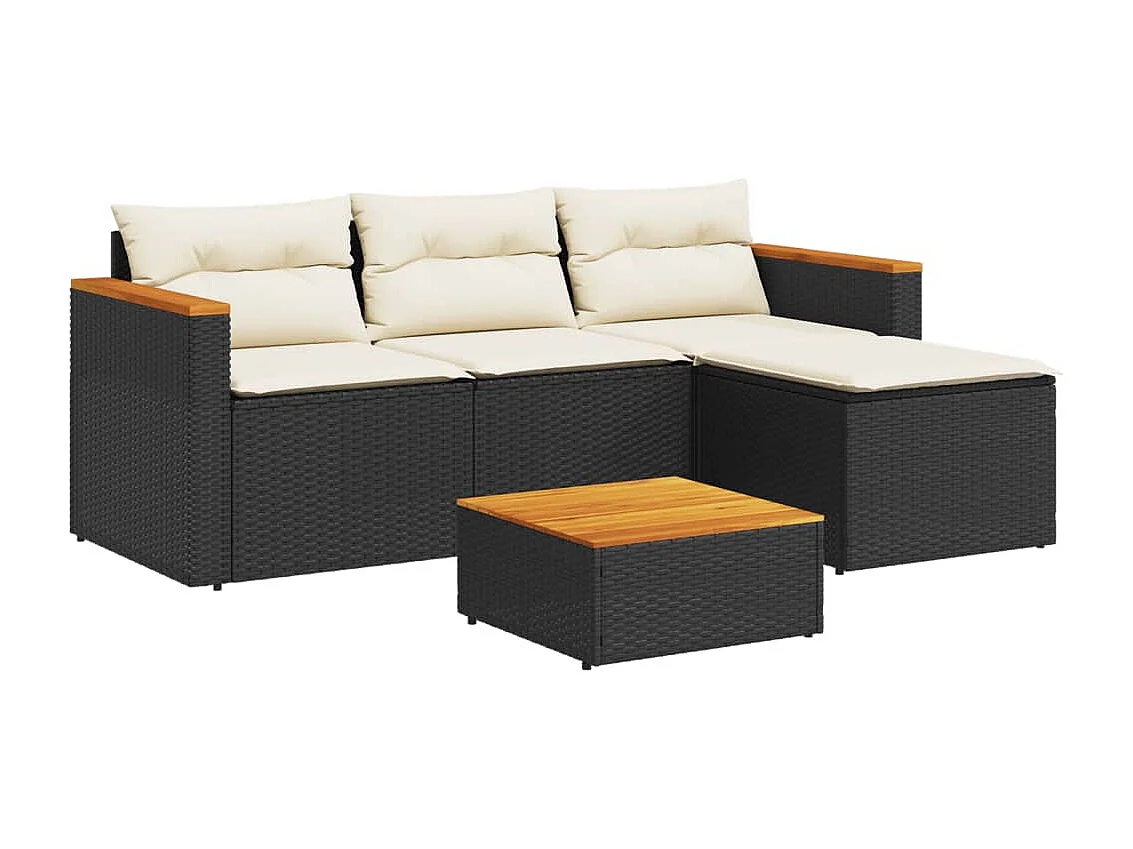 Salon de jardin 5 pcs avec coussins noir résine tressée acacia