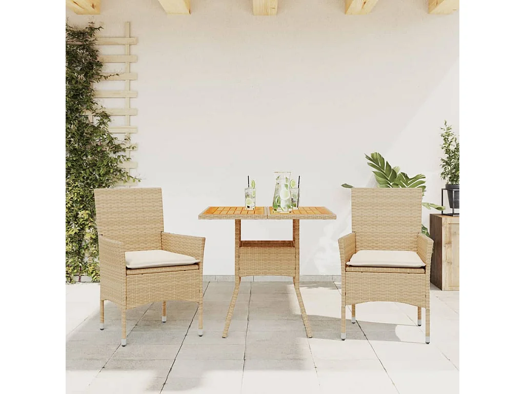 Ensemble à manger de jardin et coussins 3pcs beige rotin acacia
