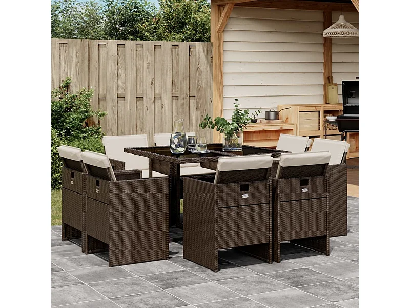 9-tlg. Garten-Essgruppe mit Kissen Braun Poly Rattan