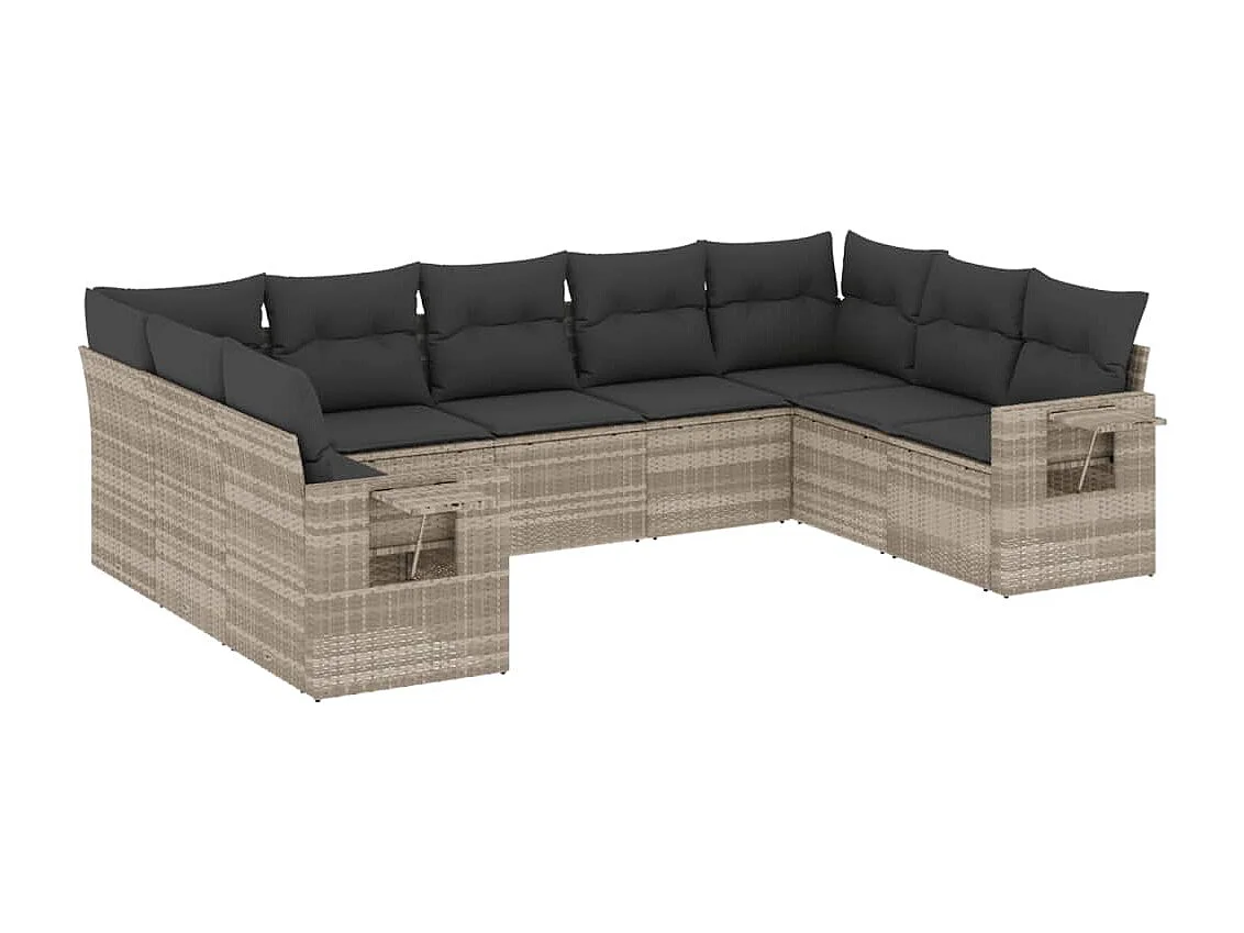 Salon de jardin 9 pcs avec coussins gris clair résine tressée
