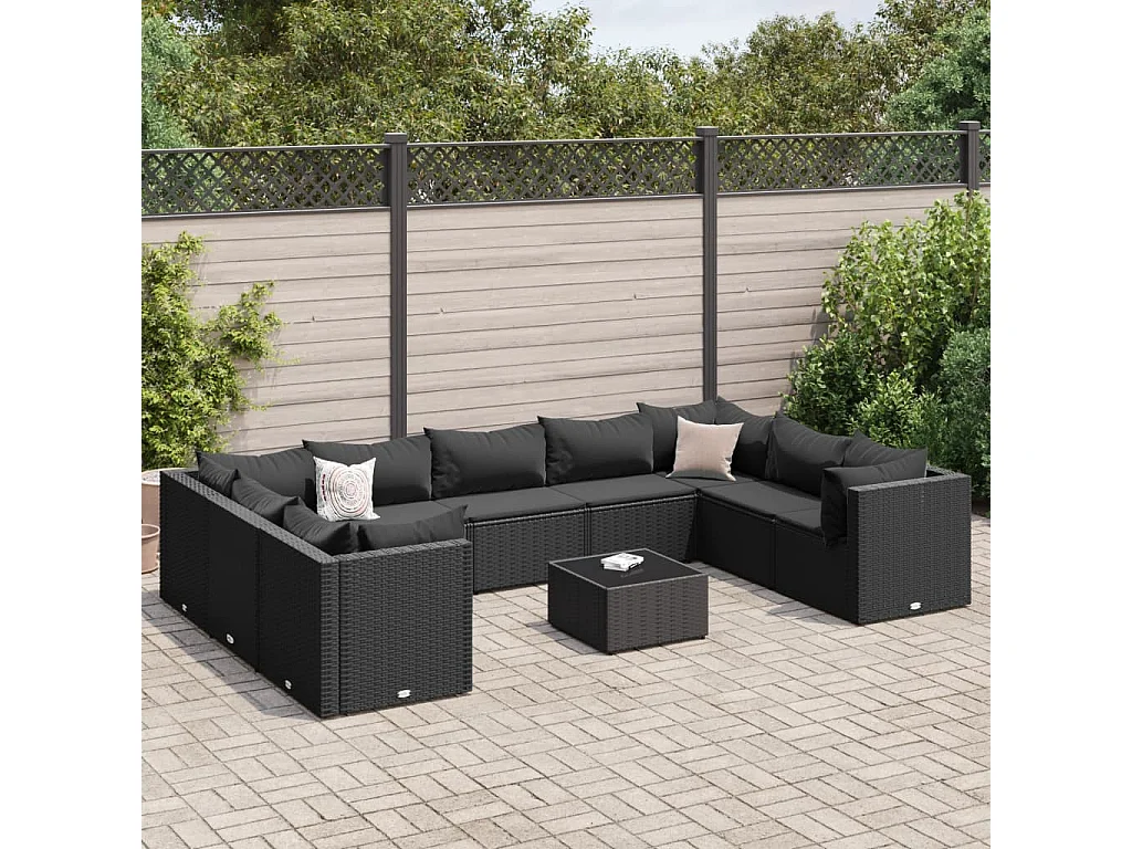 Salon de jardin 10 pcs avec coussins noir résine tressée
