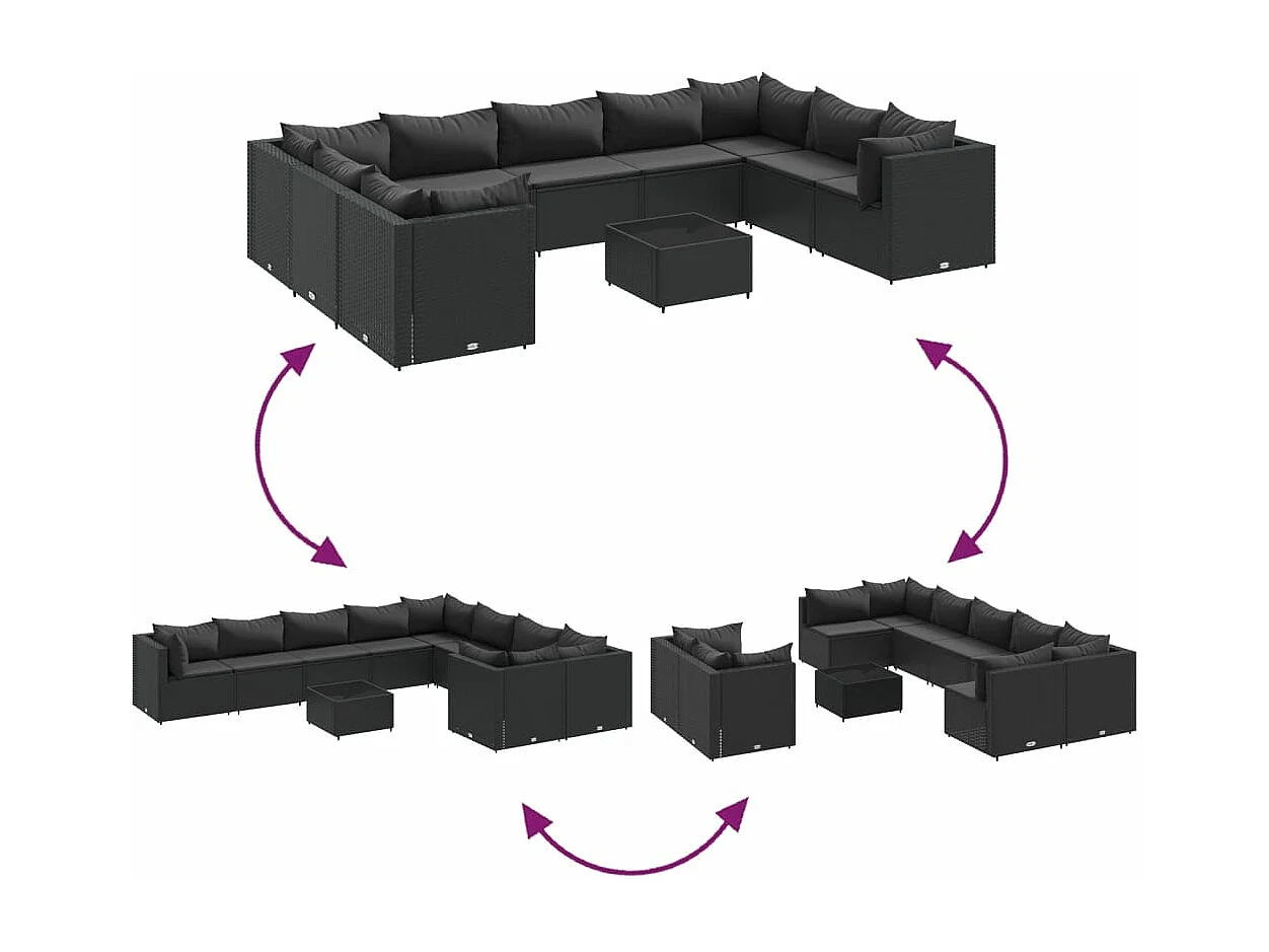 Salon de jardin 10 pcs avec coussins noir résine tressée