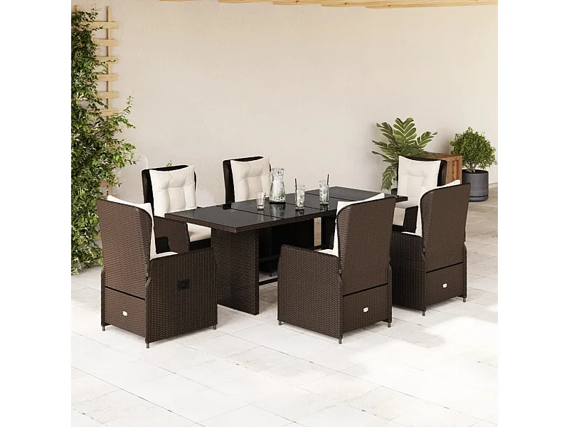 Set da Pranzo da Giardino 7pz con Cuscini in Polyrattan Marrone