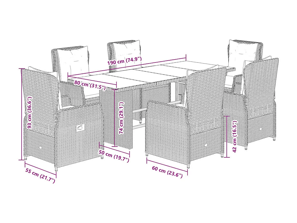 Set da Pranzo da Giardino 7pz con Cuscini in Polyrattan Marrone