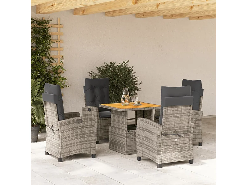 Set comedor de jardín 5 piezas con cojines ratán sintético gris