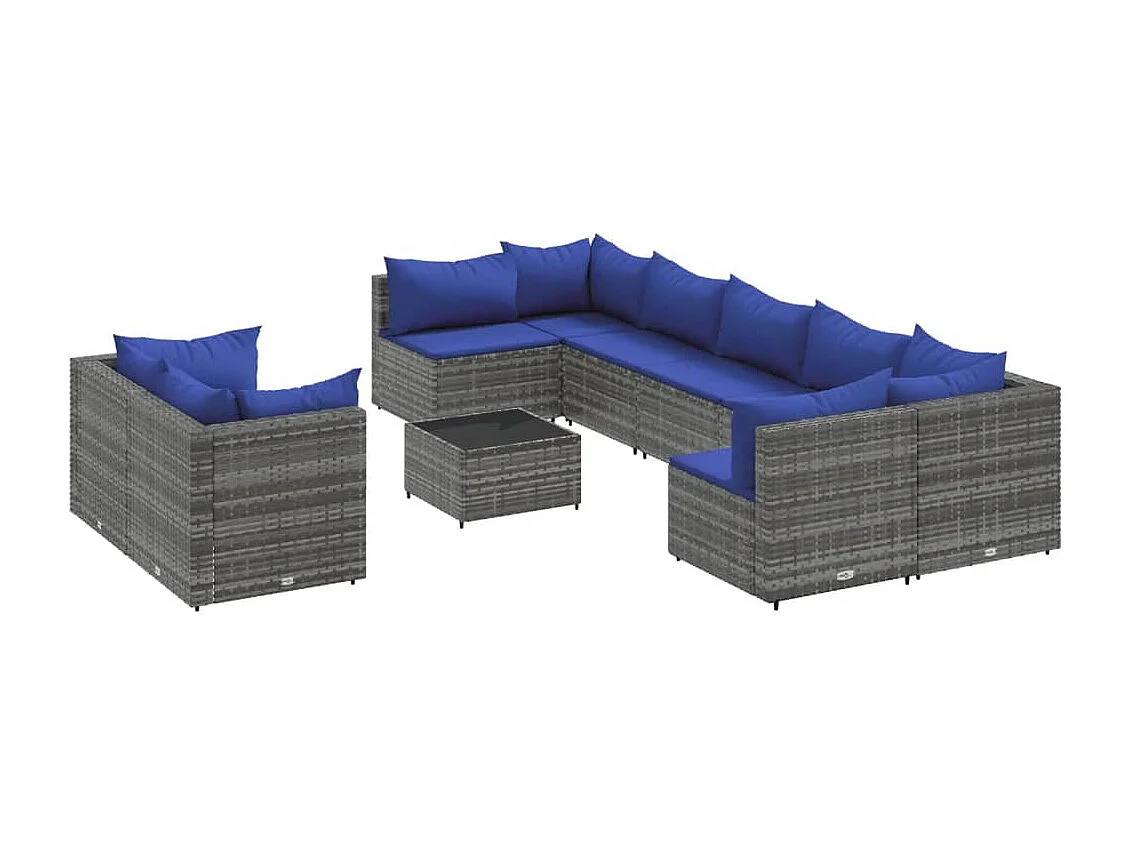 Set Divano da Giardino 10 pz con Cuscini Grigio in Polyrattan