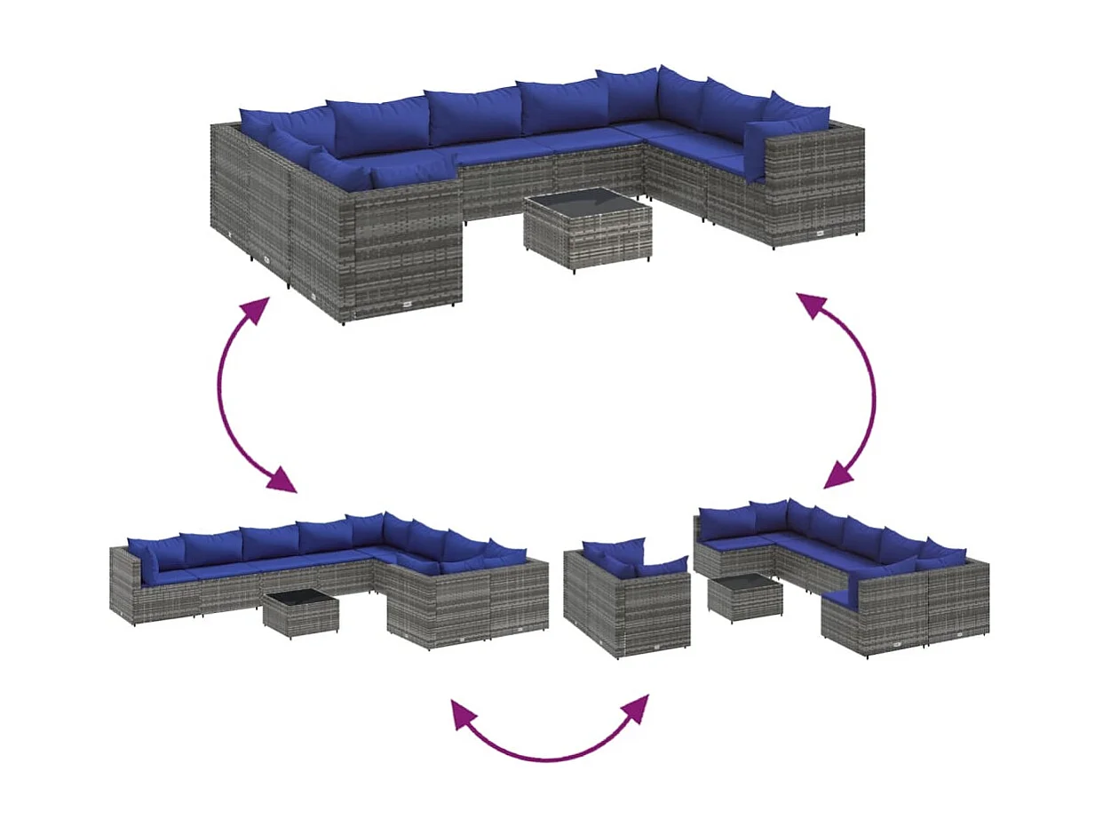Set Divano da Giardino 10 pz con Cuscini Grigio in Polyrattan