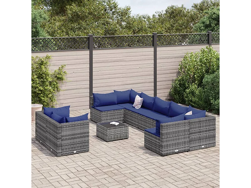 Set Divano da Giardino 10 pz con Cuscini Grigio in Polyrattan