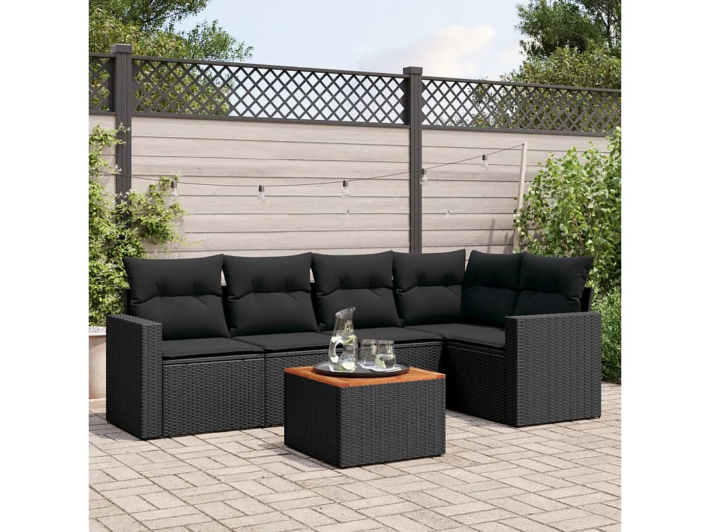Salon de jardin 6 pcs avec coussins noir résine tressée