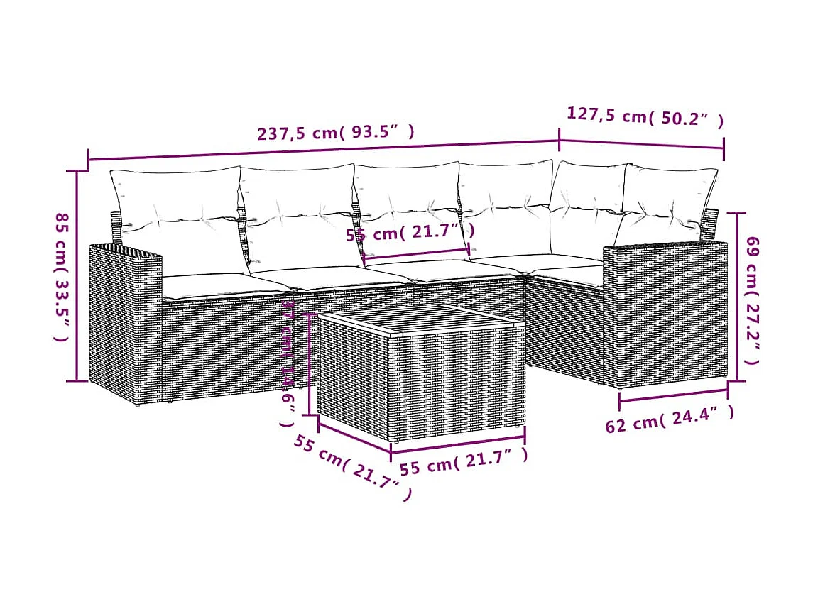Salon de jardin 6 pcs avec coussins noir résine tressée
