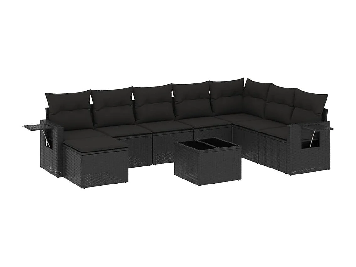 Set Divani da Giardino 9 pz con Cuscini Nero in Polyrattan