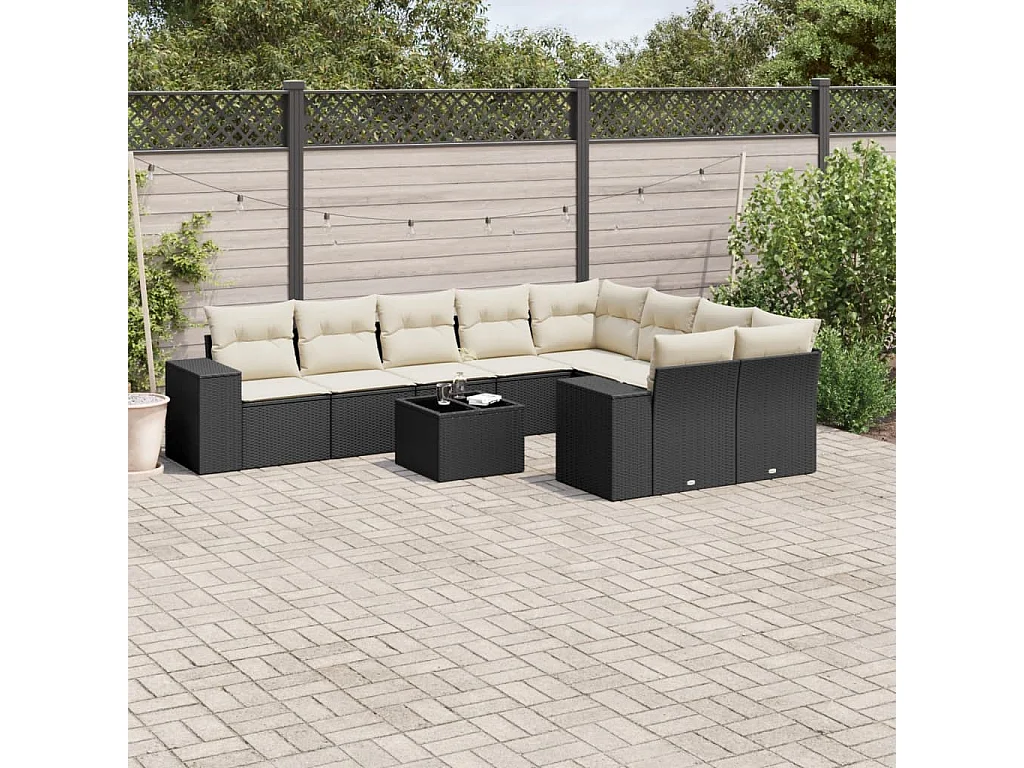 10-tlg. Garten-Sofagarnitur mit Kissen Schwarz Poly Rattan