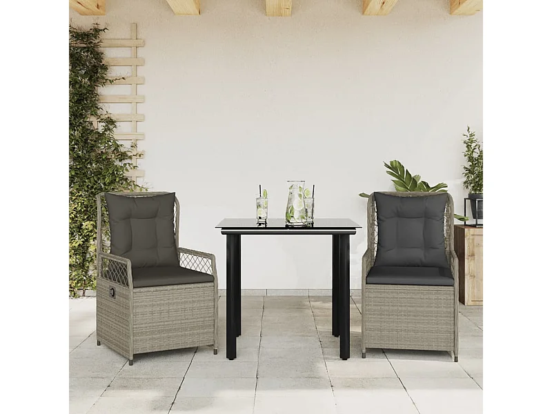 Set Pranzo da Giardino 3pz con Cuscini Grigio Chiaro Polyrattan