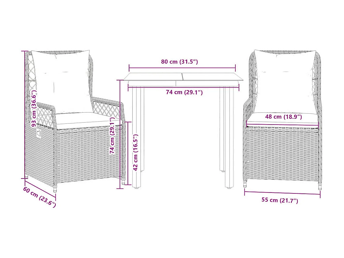 Set Pranzo da Giardino 3pz con Cuscini Grigio Chiaro Polyrattan