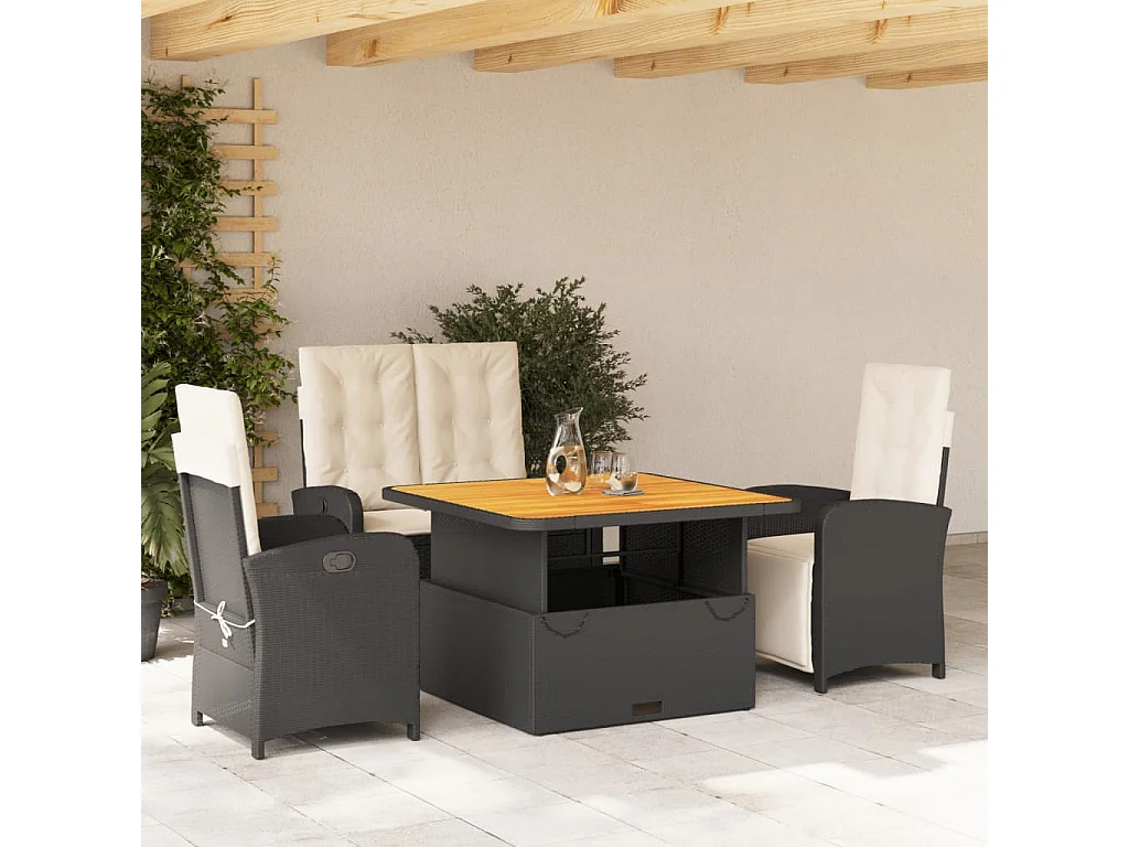 Juego comedor jardín 4 piezas con cojines ratán sintético negro