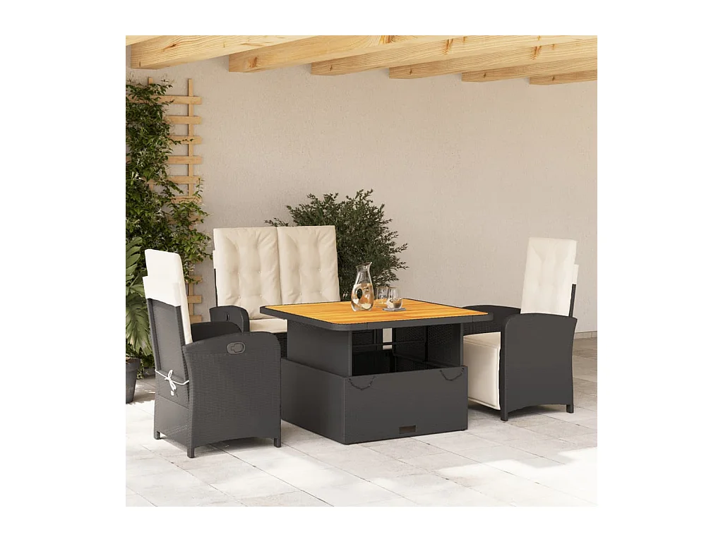4-delige Tuinset met kussens poly rattan zwart