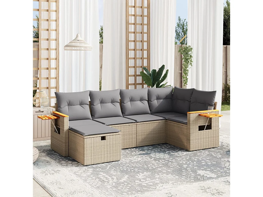 6-delige Loungeset met kussens poly rattan gemengd beige