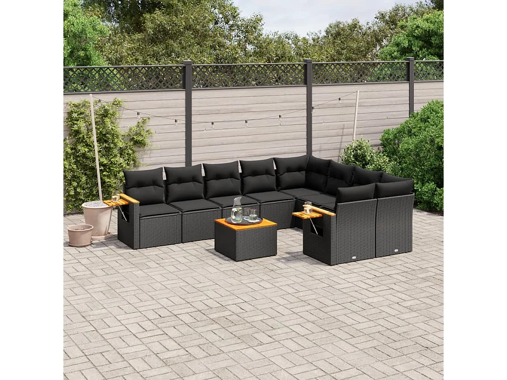 Salon de jardin 10 pcs avec coussins noir résine tressée