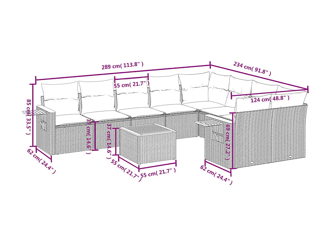 Salon de jardin 10 pcs avec coussins noir résine tressée