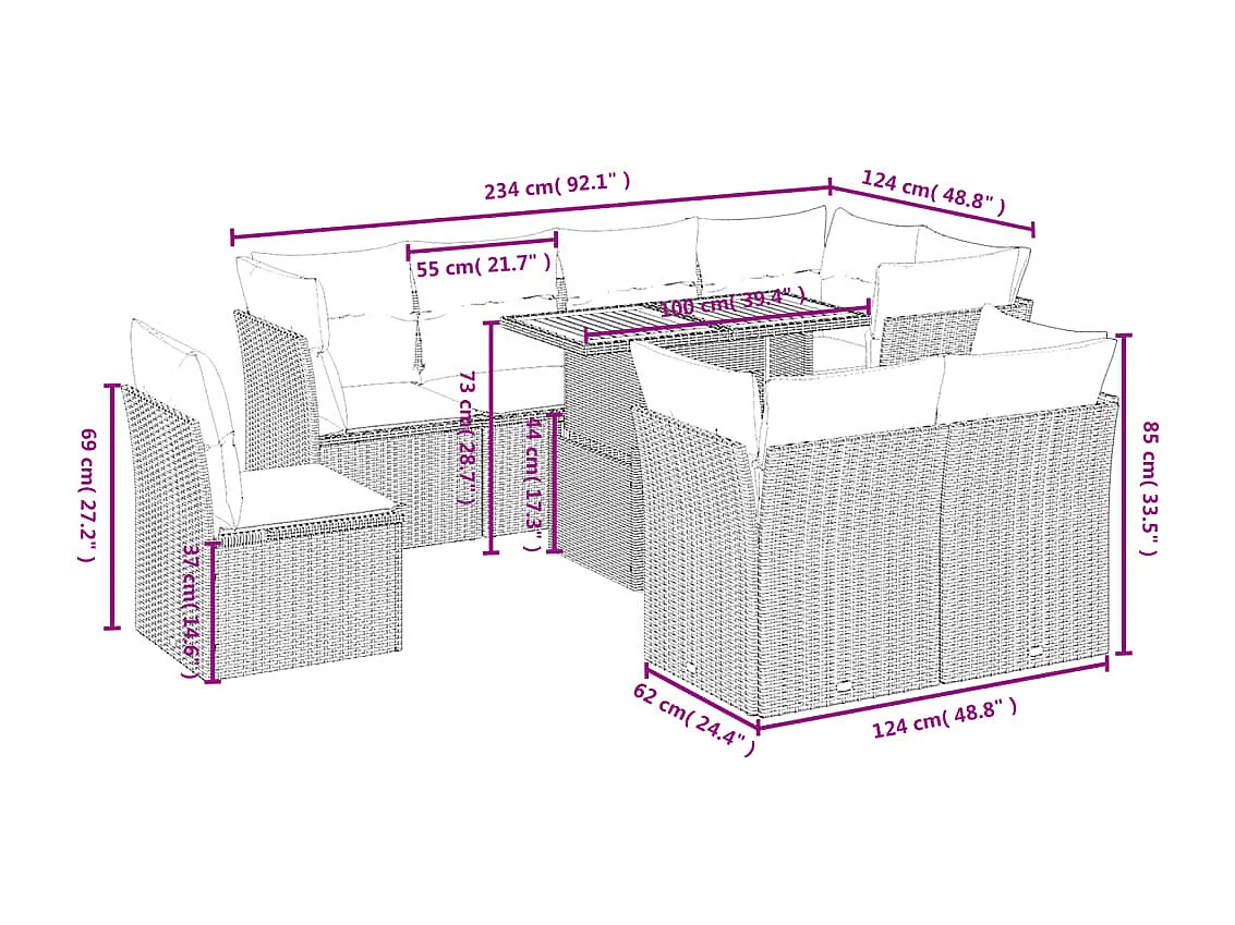 Salon de jardin 9 pcs avec coussins noir résine tressée