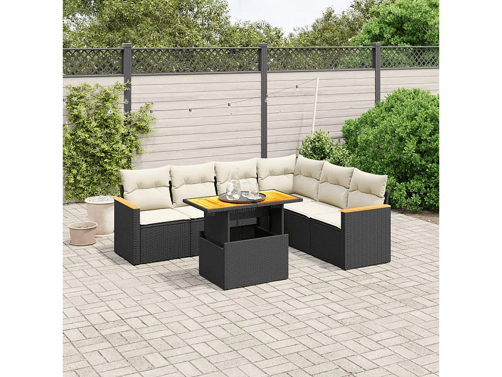 Salon de jardin 7 pcs avec coussins noir résine tressée