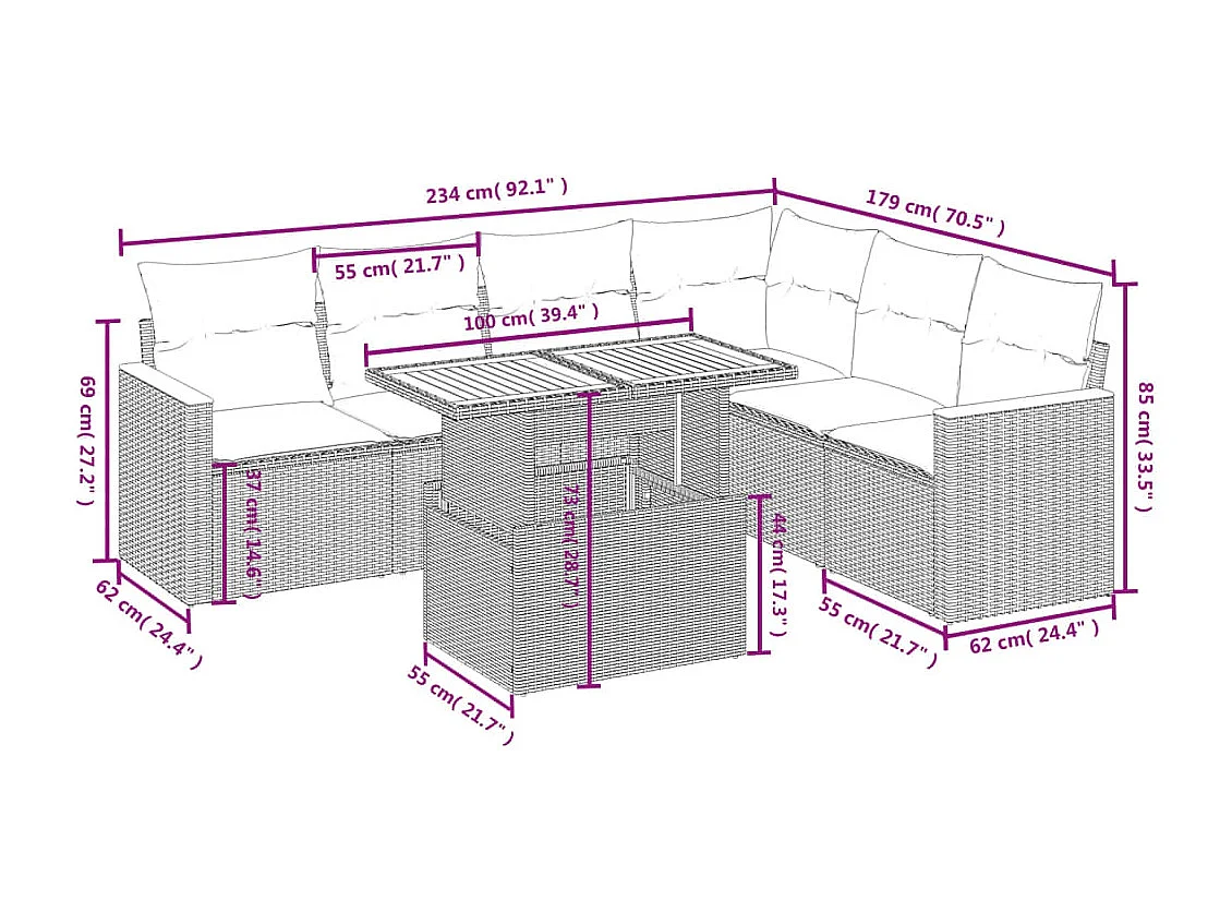 Salon de jardin 7 pcs avec coussins noir résine tressée