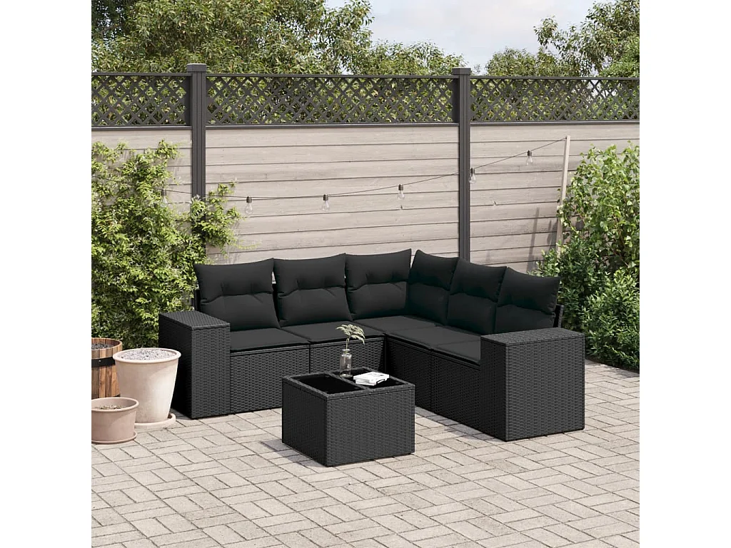 Salon de jardin 6 pcs avec coussins noir résine tressée
