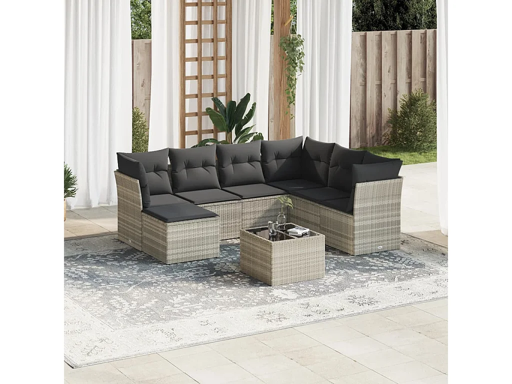 8 pcs conj. sofás jardim c/ almofadões vime PE cinzento-claro