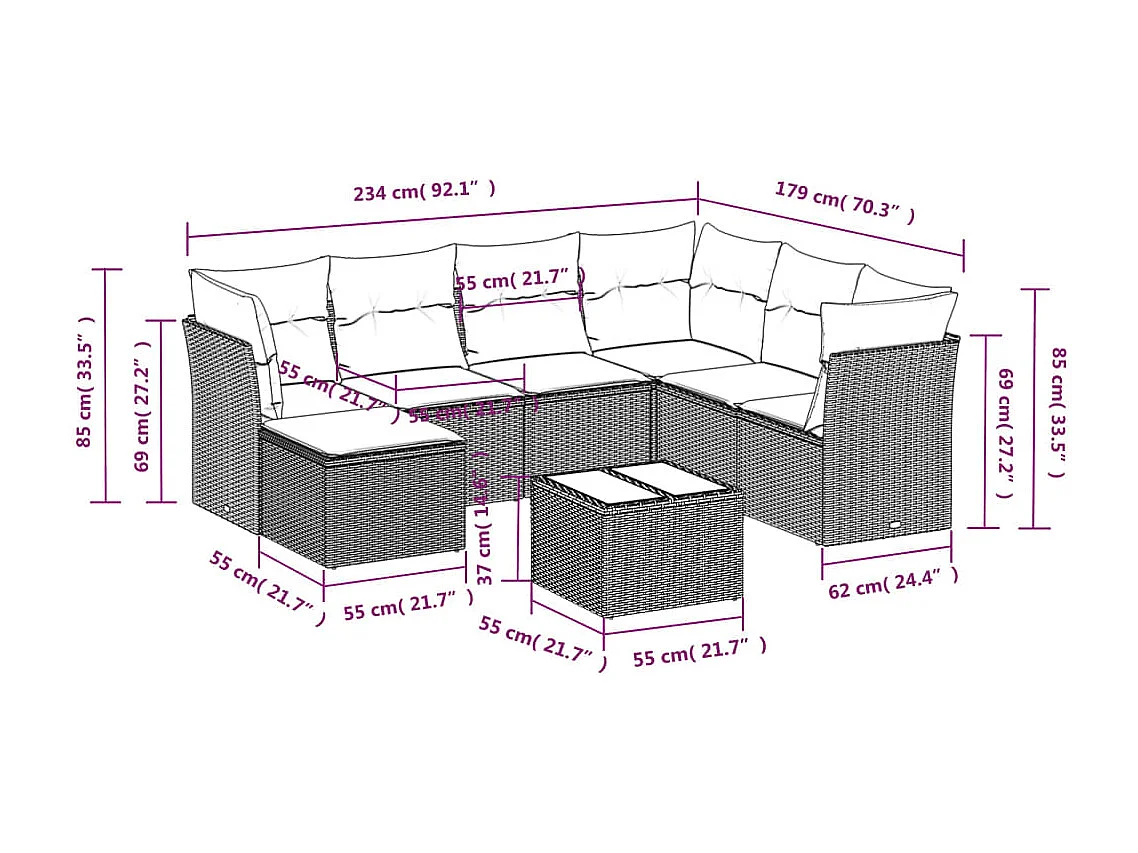 8 pcs conj. sofás jardim c/ almofadões vime PE cinzento-claro